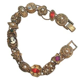 Vintage Victorian Revival Charm Bracelet Cameo Gold Slide